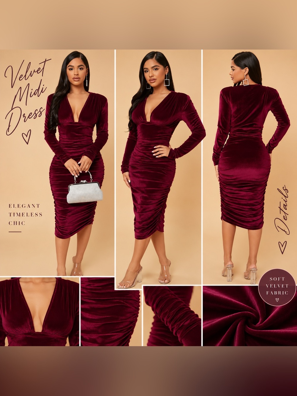 SHEIN Burgundy Velvet Long-Sleeve Ruched Midi Dress